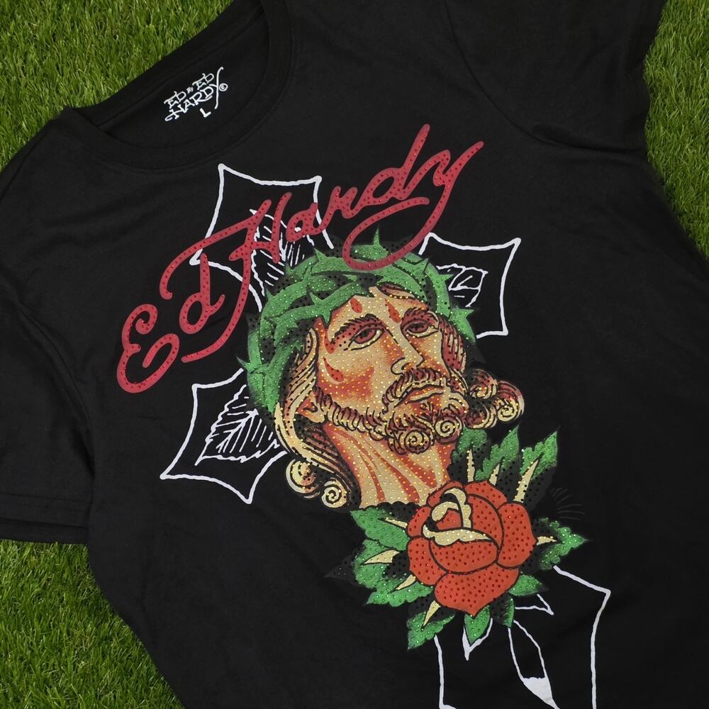 Ed Hardy Christ Cross Jesus Graphic Crewneck T-shirt Men's Size Large Tee New